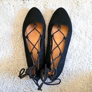 #32 💙 Black suede lace up flats shoes ankle zipper formal concert wear